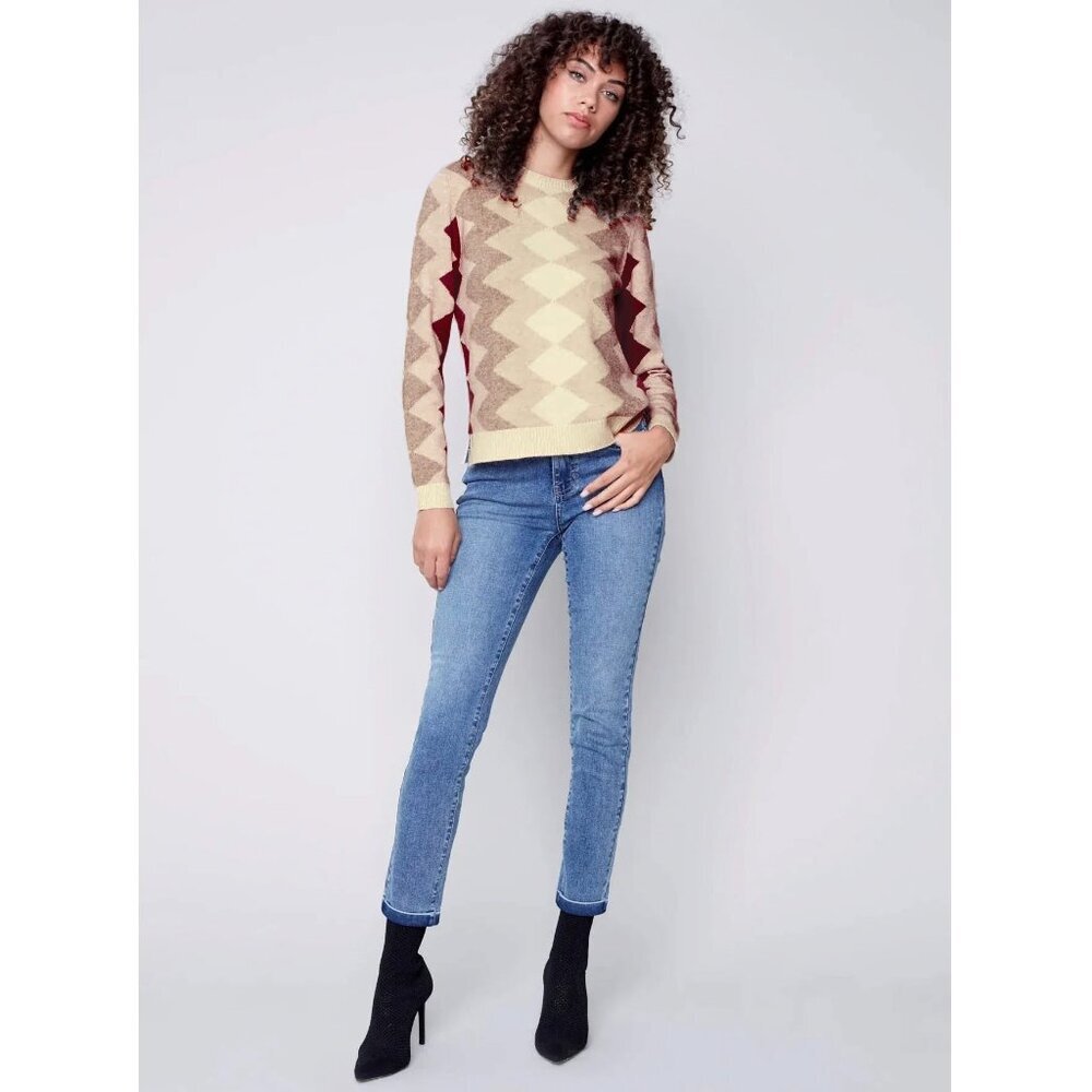 CHARLIE B plush knit sweater zig zag jacquard pattern Small